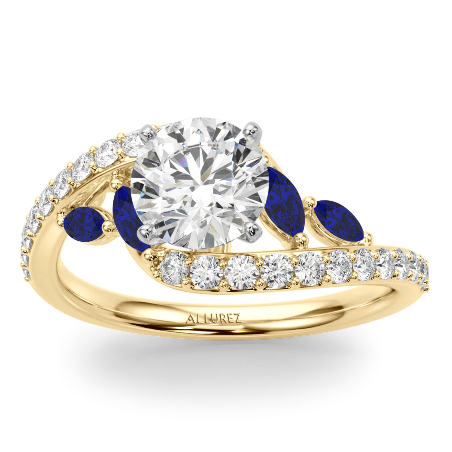 Swirl Design Lab Grown Diamond & Marquise Sapphire Bridal Ring Set 14K Yellow Gold (0.96ct)